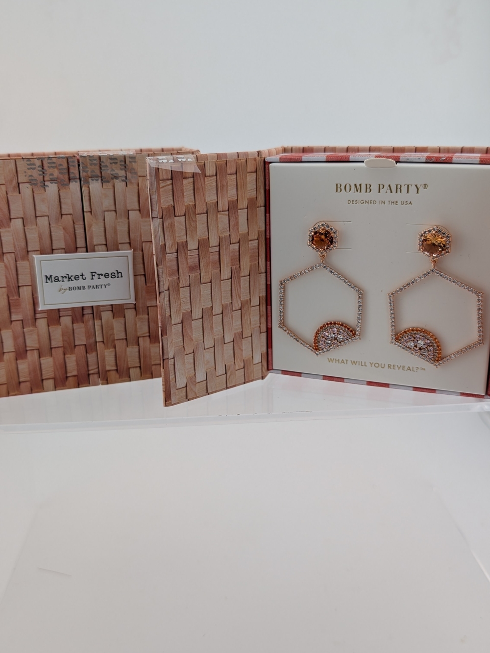 Bomb Party Rose Gold Hexagon Drop Earrings - Pink Crystal Accents